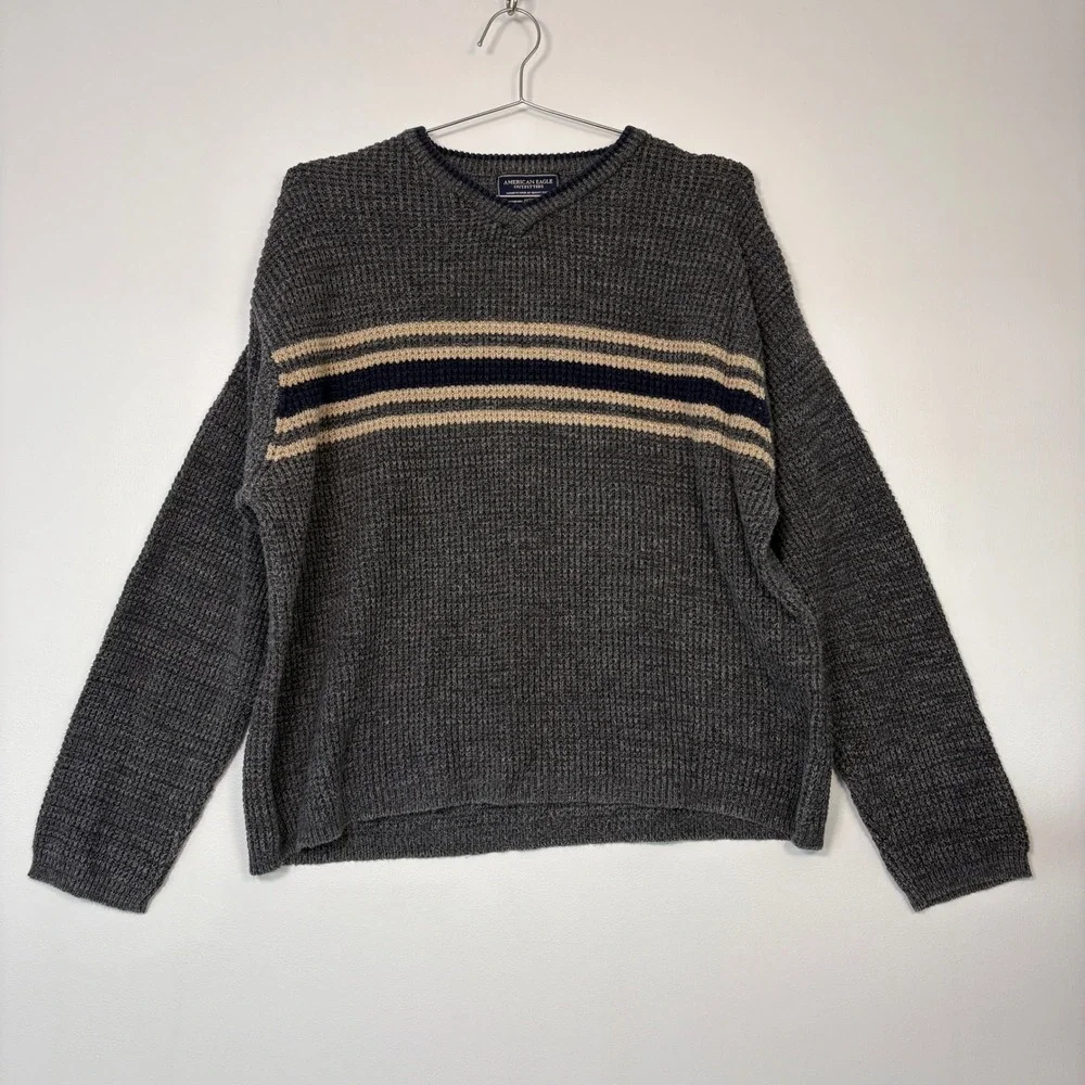 American Eagle Men Sweater Large Grey Striped V-Neck Waffle Knit Vintage 90s Y2K